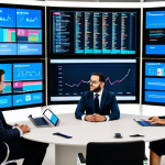 A diverse group of professional individuals, male and female, in a modern, high-tech international conference room. They are fully clothed in modest business suits and professional dress, engaged in a focused discussion. Large digital screens in the background display complex global trade data, AI-driven analytics, and international law charts, symbolizing data-driven decision-making and digital transformation. The atmosphere is collaborative and forward-thinking. fully clothed, appropriate attire, modest clothing, safe for work, professional, appropriate content, perfect anatomy, correct proportions, natural pose, well-formed hands, proper finger count, natural body proportions, professional photography, high quality.
