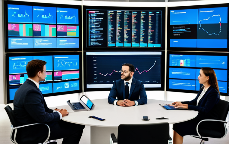 A diverse group of professional individuals, male and female, in a modern, high-tech international conference room. They are fully clothed in modest business suits and professional dress, engaged in a focused discussion. Large digital screens in the background display complex global trade data, AI-driven analytics, and international law charts, symbolizing data-driven decision-making and digital transformation. The atmosphere is collaborative and forward-thinking. fully clothed, appropriate attire, modest clothing, safe for work, professional, appropriate content, perfect anatomy, correct proportions, natural pose, well-formed hands, proper finger count, natural body proportions, professional photography, high quality.