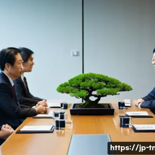 무역협상 중 협상 테이블 구성의 중요성 - A formal international trade negotiation scene set in a modern conference room with a long rectangul...