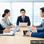 무역협상 관련 최신 세미나 및 교육 프로그램 소개 - A modern business negotiation scene featuring a diverse group of Japanese and Western professionals ...